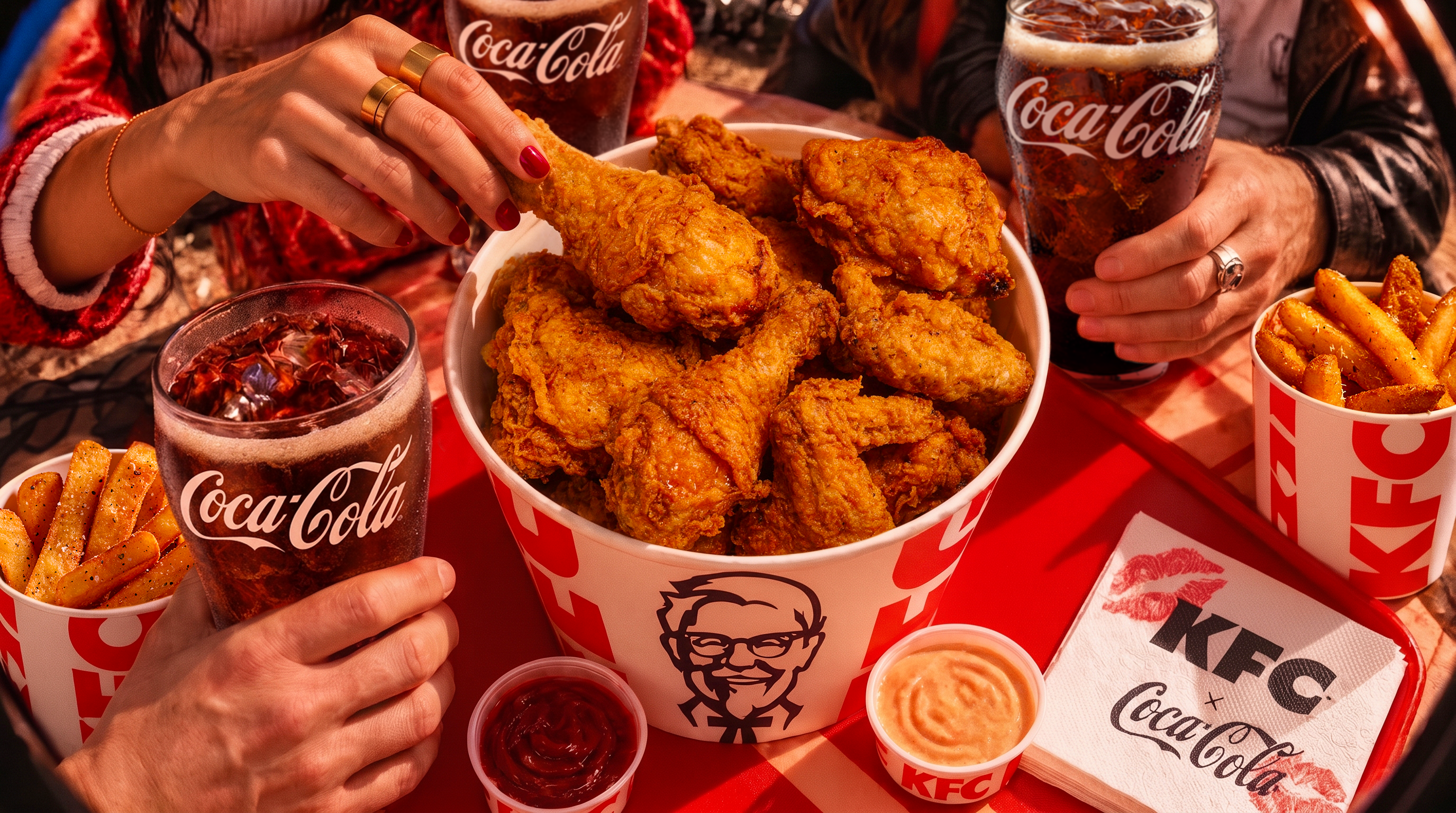 KFC food and Coca-Cola drinks in the companies’ partnership announcement image.